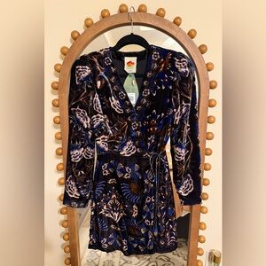 FARM Rio Arabesque Wrap Velvet Mini Dress - Black and Blue Floral